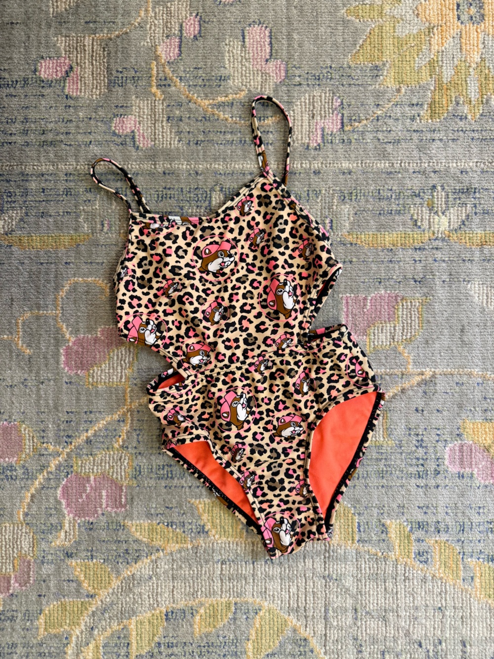 Buc-ee's Girls Leopard Animal Print One Piece Swimsuit Beaver Logo Pink